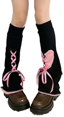 SHEKINI Womens Knitted Leg Warmers Winter Cuffs Lolita Leg Warmers Crochet Leg Warmers Harajuku Warm Thigh High Socks, Black+Pink