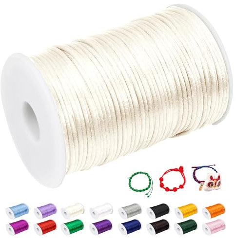 CAMAL 2mm Fil Nylon pour Bracelet, 100m Fil Bracelet Cordon Satin Cordon Bracelet Coulissant Coloré Ficelle Collier pour Pendentif, Perles, Creation Bijoux, DIY Artisanat (Beige)