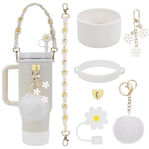 FloralGrace 7 Stück Stanley Cup Zubehör Accessories Inklusive 1 Stück Strohdeckel Silikonhülle SilikonStiefe Accessories 40oz Tumbler Cups Nicht Enthalten (Weiß)