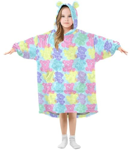 Oversized Blanket Hoodie for Kids Adult Girls Boys, Fleece Hoodie Blanket Teddy Bear Silhouette Warm Plush Wearable Blanket Hoodie Sweatshirt with Roomy Pocket, Small