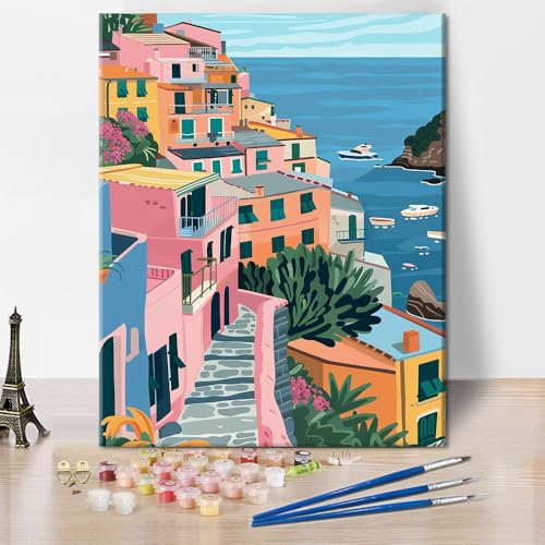Malen Nach Zahlen Erwachsene Bunte Häuser auf der Insel Procida, Italien - DIY Handgemalt Ölgemälde Leinwand Kits für Frauen Home Deko Geburtstag Weihnachten Geschenk - 40 x 50 cm (Ohne Rahmen)