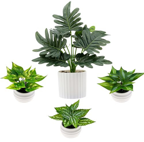 Gresorth 4 plantas artificiales verdes en maceta, decoración de hojas de palma falsas, modelo bonsái, realista, paisaje tropical, adorno para baño, sala de estar, cumpleaños