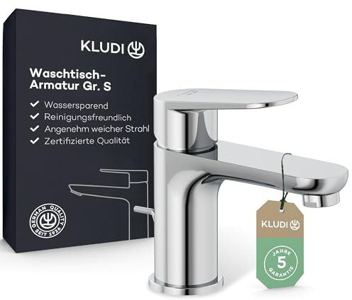 KLUDI - X1 robinet de lavabo avec bonde à tirette, hauteur de bec 75 mm, robinet de salle de bain taille S, cartouche en céramique, mitigeur lavabo avec tuyaux de raccordement chromés