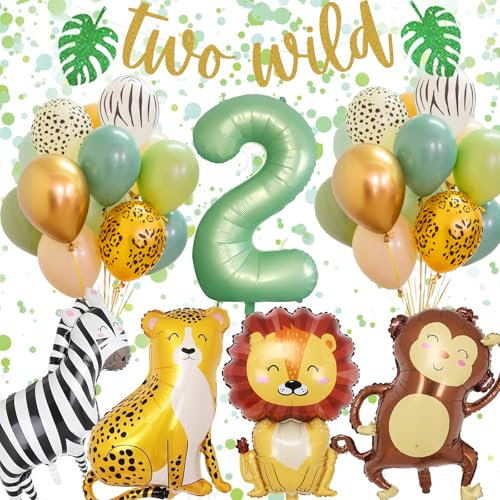2 Geburtstag Deko Junge Mädchen, Dschungel Geburtstagsdeko 2 Jahr Junge, 2 Jahr Kindergeburtstag Deko mit Safari Luftballons 2. Geburtstag