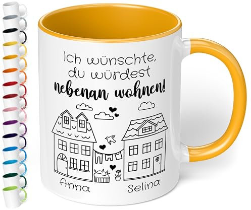 True Statements Freundschafts-Tasse „Ich wünschte, du würdest nebenan wohnen!“ – Personalisierte Geschenk-Idee für beste Freundin BFF - Abschiedsgeschenk - Keramik, ca. 330ml, Goldgelb