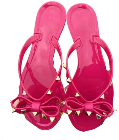 GMGQJST Schlappen Nieten-Flip-Flops, Nieten-Jelly-Zehensandalen mit Schleife, Sommerschleife, Flache Strand-Regenstiefel(Rosy Red,Color-42)