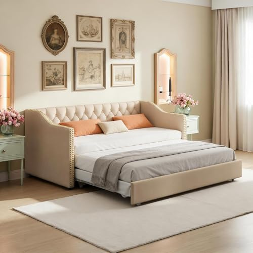 PerGar Polsterbett Schlafsofa Einzelbett 90x200 cm Bett, Tagesbett mit Ausziehbett, Sofabett mit Ausziehbares Rollbett, Gästebett mit Lattenrost aus Holz, Jugendbett, Leinen, Beige, Ohne Matratze