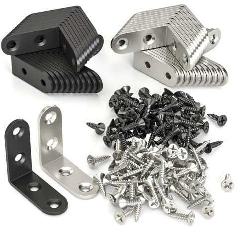 PCVANLEY Lot de 40 équerres d'angle en acier inoxydable argenté et noir, 40 x 40 x 15 mm, à 90 degrés, pour la fixation et la réparation de meubles, étagères, armoires et fenêtres