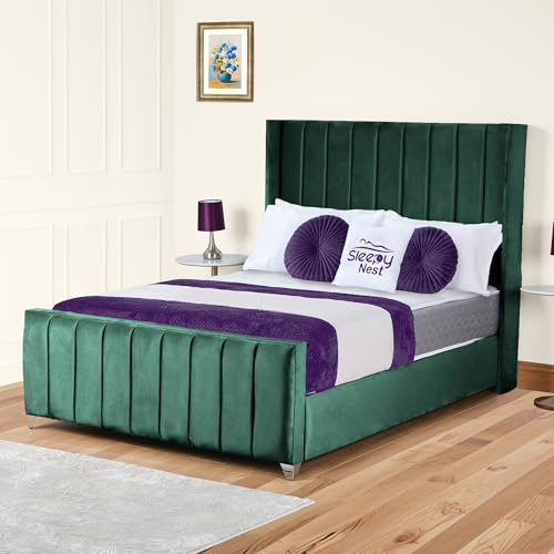 Sleepy Nest Empire Winged Upholstered Bed Frame in Plush Velvet with Ottoman Storage or Slatted Base | Optional Orthopedic Mattress (Green, 3FT Single Slat Base No Mattress)