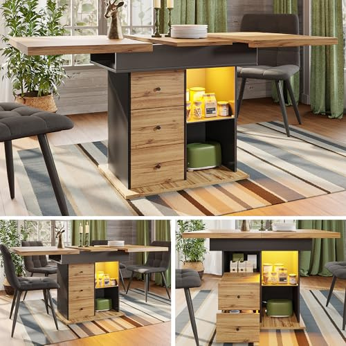 Mielvu Esstisch Teleskoptisch(110-140×80cm), klappbarer Küchentisch für 4-6 Personen, Ausziehbarer Esstisch,platzsparender Küchentisch,für Küche und Wohnzimmer,Tisch mit LED-Beleuchtung