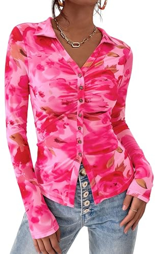 PRETTYGARDEN Women Button Down Floral Shirts 2025 Fall Trendy Long Sleeve V Neck Ruched Mesh Boho Blouse Tops Date Outfits, Floral Pink, M