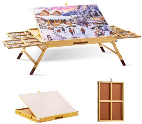 1500 Piece Tilting Jigsaw Puzzle Table with 4 Drawers & Cover, Adjustable Wooden Puzzle Board Easel with Storage Shelf, Portable Puzzle Table for Adult