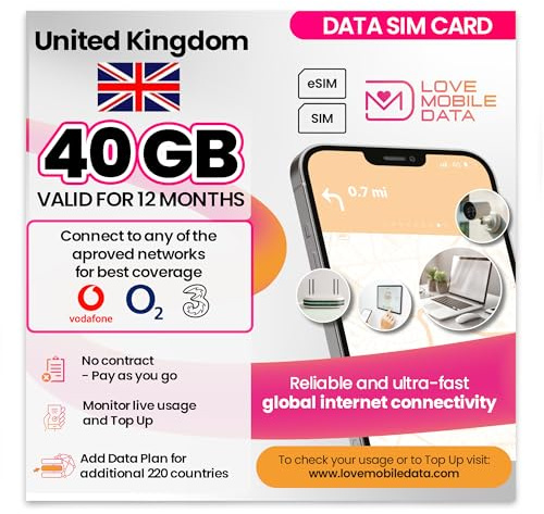 Love Mobile Data Only Sim Card - International Multi-Network 4G/5G Prepaid Pay As You Go Data Sim for Mobile Phones, WiFi Routers & More, United Kingdom (O2, Three & Vodafone) - 40GB for 12 months