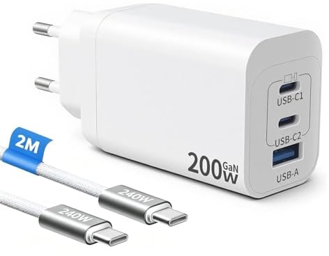 Caricatore USB C 200 W, 3 Porte GaN Presa a Parete Compatibile con iPhone 17/16/15/14/13/Pro/Max/Air/Galaxy S25 S24/S23/Ultra/A56/A16/MacBook Pro/Air/Laptop