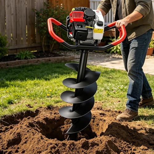 RETRIN Gasbetriebener Erdbohrer 199CC 4-Takt 5PS, Erdlochausheber für Zaun und Garten, benzinbetriebenes Gerät ohne Kabel, für schnelle Locherstellung im Erdreich 30cm