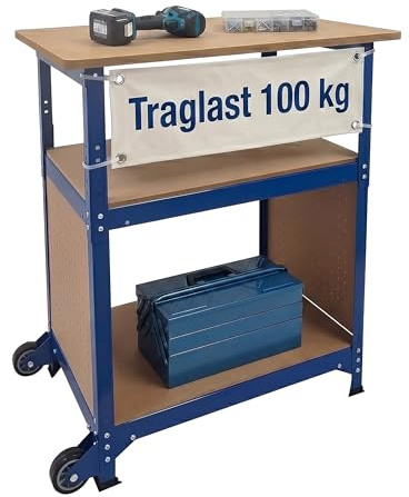 Relaxdays Werkbank, mit Rollen, HBT: 69,5x72,5x50 cm, höhenverstellbar, Werktisch mit Lochwand, Stahl & MDF, blau