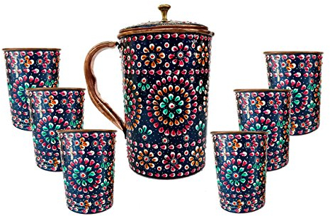 Rastogi Handicrafts Pure Copper one Jug with Six Glass Drink Ware Set Hand Painted Outer Side