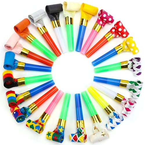 Koogel 100 Pcs Party Blowers Bulk, Colorful Noisemakers & Blowouts with Assorted Patterns - Fun Whistles Horns for Kids & Adults, Goodie Bag Fillers, Party Favors for Birthday, New Year, Carnival