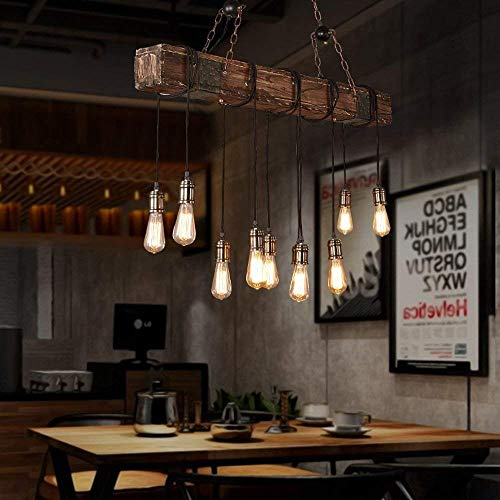 Pendelleuchte Vintage Pendellampe Rustikale Holzbalken Edison hängende Deckenleuchte hölzerne Art-hängende Beleuchtung Höhenverstellbar Holz Retro 10 beleuchtet Retro industrielle Bar-Küche-Esszimmer