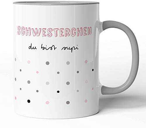 tassenprinter Tasse mit Spruch - Schwester du bist supi - Kaffeetasse Schwesterchen Familie Geschenk-Idee/Tasse zum Geburtstag/Weihnachts-Geschenk (Grau, Schwester)