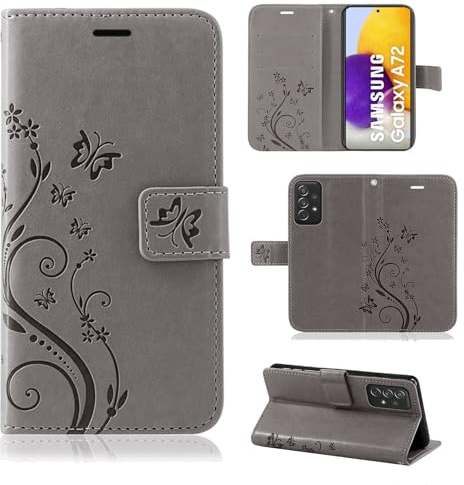 Hülle Kompatibel mit Samsung Galaxy A72 | Premium PU Leder Handyhülle Wallet Case für Galaxy A72 | Schutzhülle Blumen Klapphülle Handyhülle | Grau