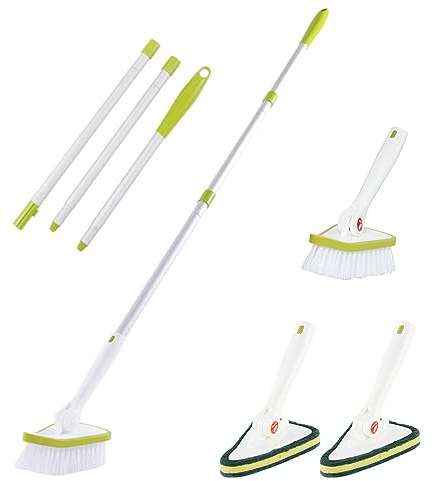 CQT 2 in 1 Bathroom Cleaning Brush with 48 Extendable Long Handle Detachable Scrub Brush with 2 Scrubber heads and 2 Scouring Pad Head for Cleaning Bathtub Shower Bathroom Wall Bathtub Floor