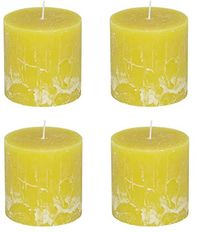Stumpenkerzen Rustic 4er Set - Stumpenkerze, Blockkerze, Kerze, Adventskranz, Advent - Kein Ruß - Brenndauer: 75 Std. - viele Farben - 10x10 cm (Gelb)
