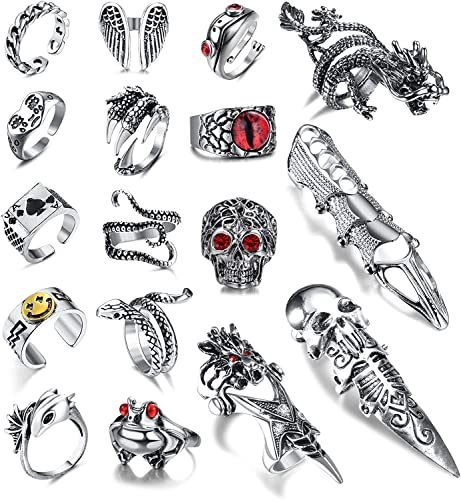 MILACOLATO Vintage Punk Ring Gothic Open Rings Set for Men Women,Snake Ring Men,Boho Rings,Stackable Frog Bat Spider Dragon Snake Punk Ring Adjustable Cool Gothic Rings（16-17Pcs）