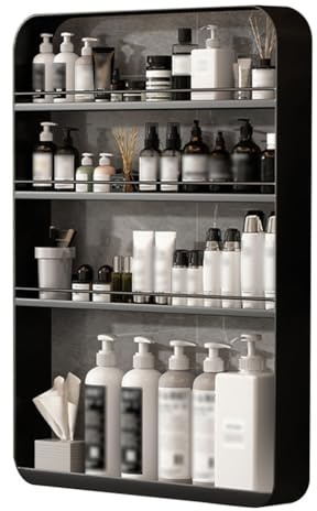 Wandregal für Badezimmer Durchschlagfreies Badezimmerregal, An der Wand befestigter Make-up-Organizer, Kosmetikregal, Mehrschichtige große Kapazität, 10 kg belastbar ( Color : Black , Size : 50*70cm )