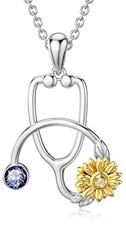 enjoylifecreative Stethoskop Kette mit Sonnenblumen Geburtsstein Kette für Frauen 925 Sterling Silber Graduierung Arzt Krankenschwester Schmuck Geschenk für Krankenschwestern