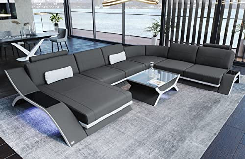 XXL Wohnlandschaft Calabria - mit LED Beleuchtung, verstellbare Kopfstützen, Recamiere/Mikrofaser/Ausrichtung wählbar (Ottomane Links, Weiss-Grau)