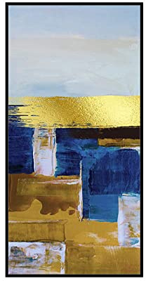 Gemälde, Blaue Textur Gitter Farbabstimmung Goldfolie Luxus Abstrakte Moderne Rahmenlose Original Handgemalte Ölgemälde Auf Leinwand Für Familienwand Wohnzimmer Esszimmer Home Art Decor,150X300