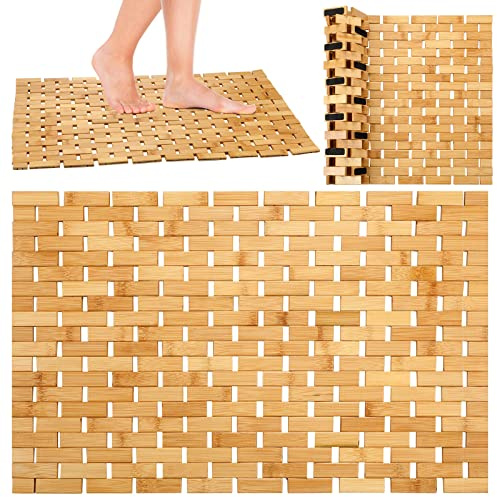 Hoolerry 2 Pcs Bamboo Bath Mats, Roll-up Wood Shower Bathtub Mat, 16 x 24
