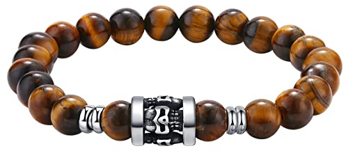 Flongo Herren Rosenkranz Mit Totenkopf-Anhänger, Tigerauge Stein Perlen-Armband, Edelstahl 8MM Männer Armband Gelb