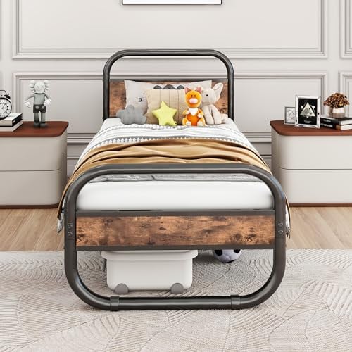 HOMERECOMMEND Bettrahmen aus Metall und Holz mit Lattenrost,Metallbett 90x200 Schwarz