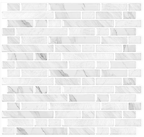 Yipscazo 10 Pezz 30.5cm x 30.5cm Piastrelle Adesive Cucina Bagno, Mattonelle Adesive Cucina Mosaico Bagno Adesivi in Bianco Ardesia Pannelli Decorativi 3d per Parete PVC Impermeabile Tile