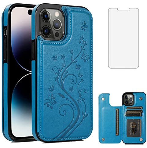 Asuwish Compatible with iPhone 15 Pro 6.1 inch Case with Tempered Glass Screen Protector Card Holder Wallet Cover Stand Flip Leather Cell iPhone15Pro 5G i i-Phone i15 iPhone15 15Pro Women Men Blue