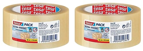 tesapack Ultra Strong - PVC-Klebebänder für festes Verpacken und sicheres Bündeln - Transparent - 66 m x 50 mm (Packung mit 2)