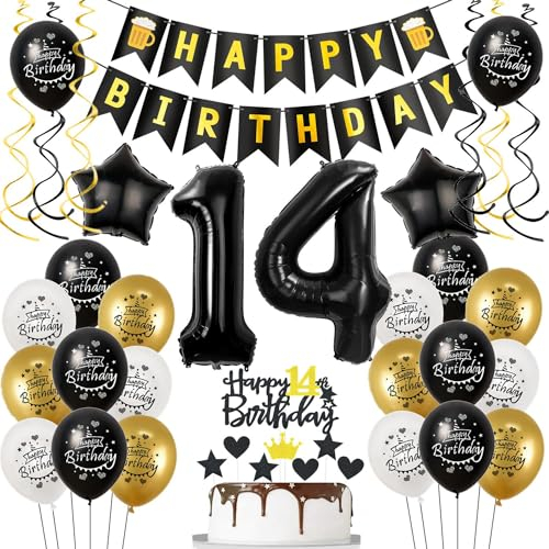 Luftballons 14. Geburtstag Schwarz Golden, Geburtstagsdeko 14 Jahre Junge mädchen, Ballon 14. Geburtstag, Folienballon Zahl 14, deko 14. geburtstag mädchen, Tortendeko 14 Junge Deko