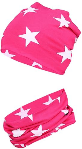 TupTam Mädchen Kinder Beanie Mütze Schlauchschal 2er Set Herbst Winter gefütterte Übergangsmütze mit Loop, Farbe: Jersey zweilagig - Weiße Sterne Amaranth, Hat Size: 52