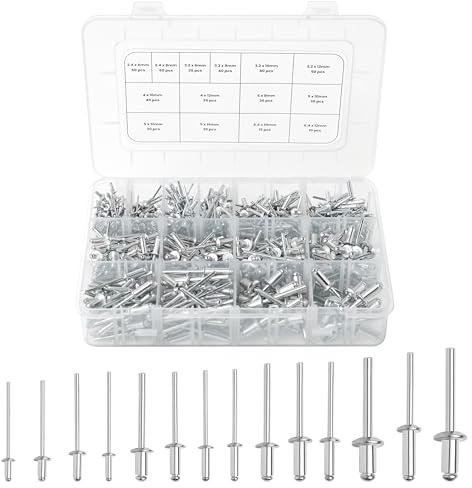 Winter Shore Silber-Nieten Set in 14 Größen (500er-Pack) - Blindnieten Stahl für Hebel-, Akku- & Pneumatische Nietgeräte - Kunststoff-Aufbewahrungsbox mit Trennwänden, Etikett mit Größentabelle