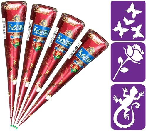 HANUMAN STORE Henna Kaveri 100% Natural Mehendi Cone 4 x 25 g, senza sostanze chimiche, senza PPD