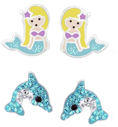 FIVE-D Kinder Ohrringe – Delfin Schildkröte 925 Silber - Hochwertige Mädchen Ohrstecker – Geschenk Set Kinderschmuck (Meerjungfrau-Blau)