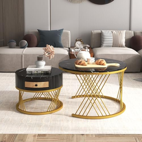 BTM 2-in-1 round coffee table made of MDF with marble grain veneer top, rattan drawers and solid wood handles. Gold coloured iron legs. 70 * 70 * 45.5+50 * 50 * 38.5cm