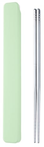 Reusable Chopsticks with Case, 304 l Stainless Steel Travel Chop Sticks, Japanese Chinese Korean Chopsticks for Bento Box, Picnic, Office, Dishwasher Safe, 9 in Green