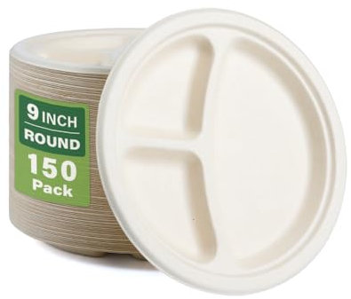 100% Compostable Paper Plates, 150 Pack 9 Inch 3 Compartment Plates Disposable, Heavy Duty Biodegradable Plates Made of Sugar Cane Fibers, Eco friendly Sugarcane Plates for Party /Dinner /Birthday
