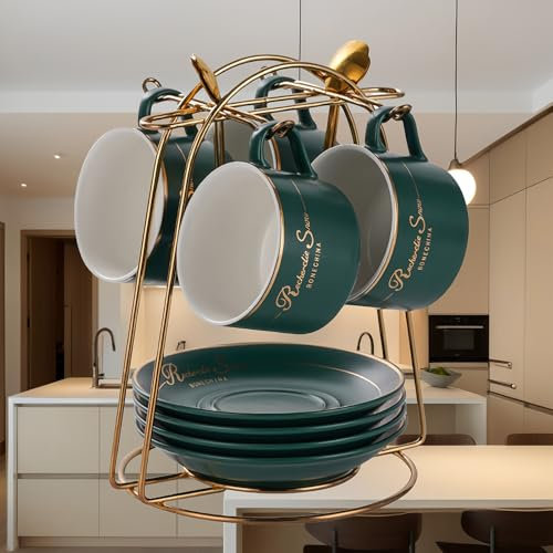 HSTWODE-Tassen & Untertassen von 4 (150 ml), Luxus-Teetasse Set mit goldenen Trimm, Kaffeetasse mit Henkel, britischer Königlicher Porzellan Tassen - Weiß, Blau, schwarz (Mattblau)