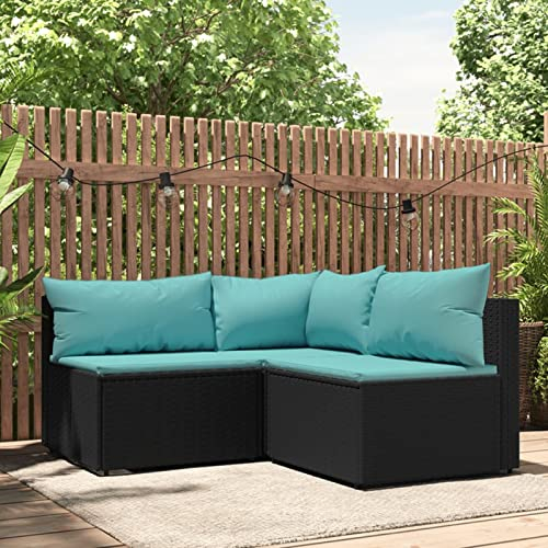 SECOLI Balkonmöbel Keiner Rattan Balkon Sofa 3-Sitzer Gartenmöbel-Set Keiner Ecksofa Garten Balkonlounge Rattan Lounge Gartensofa 3-Sitzer Terrassenmöbel Garten-Ecksofas Schwarz und blau 3-TLG-2