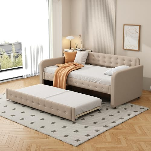 Dolamaní Schlafsofa Klein mit Bettkasten 90x200 cm, Tagesbett Ausziehbares Bett mit Rollen, Ausziehbett Schlafsofa Kinder Jugendliche Erwachsene Gäste (Beige Brown)