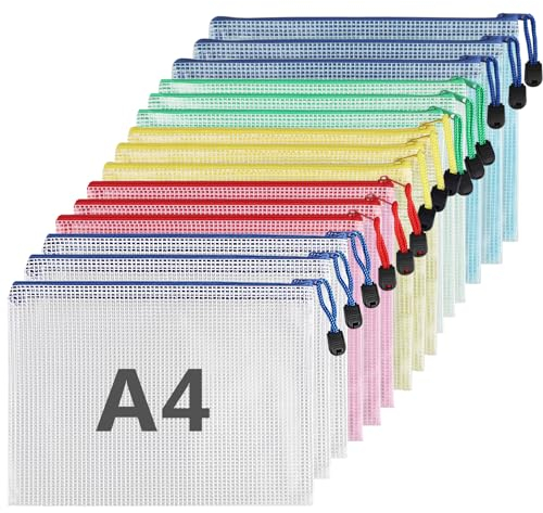 15 Stück Dokumententasche mit Reißverschluss A4, Wasserdichte Bunte Document Case, Datei Tasche Kunststoff für Dokumente, Quittung, Papier, Schule, Prüfungsblatt, Kosmetik, Reise (5 Farben)